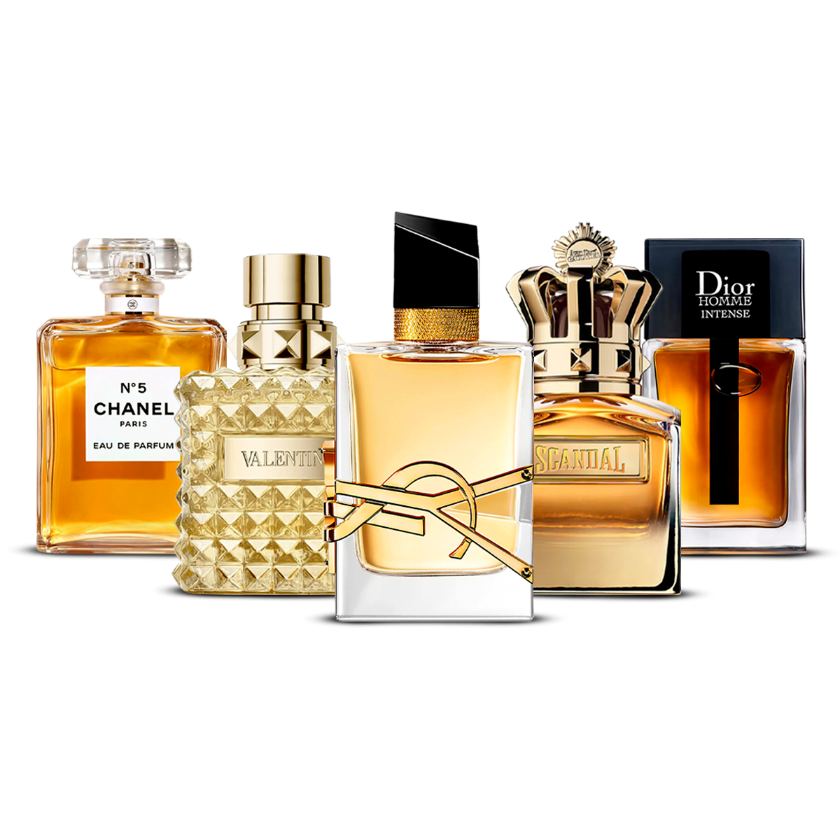 Combination of 5 perfumes – Chanel Nº5, Valentino Uomo, Yves Saint Laurent Libre, Scandal Pour Homme and Dior Homme Intense [100 ml each]
