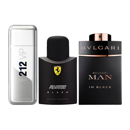 Combination of 3 men's perfumes - 212 VIP, Ferrari Black and Bvlgari In Black [100 ml each]